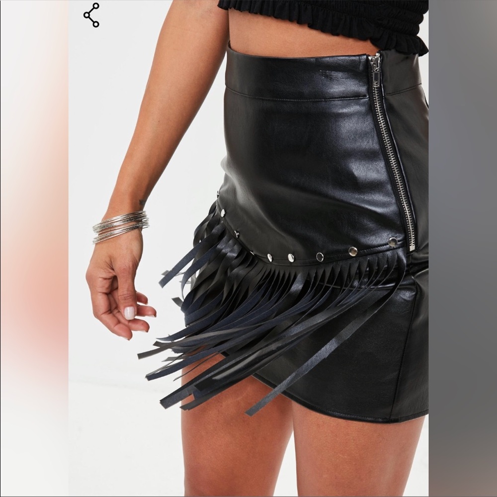 Black fringe leather mini skirt